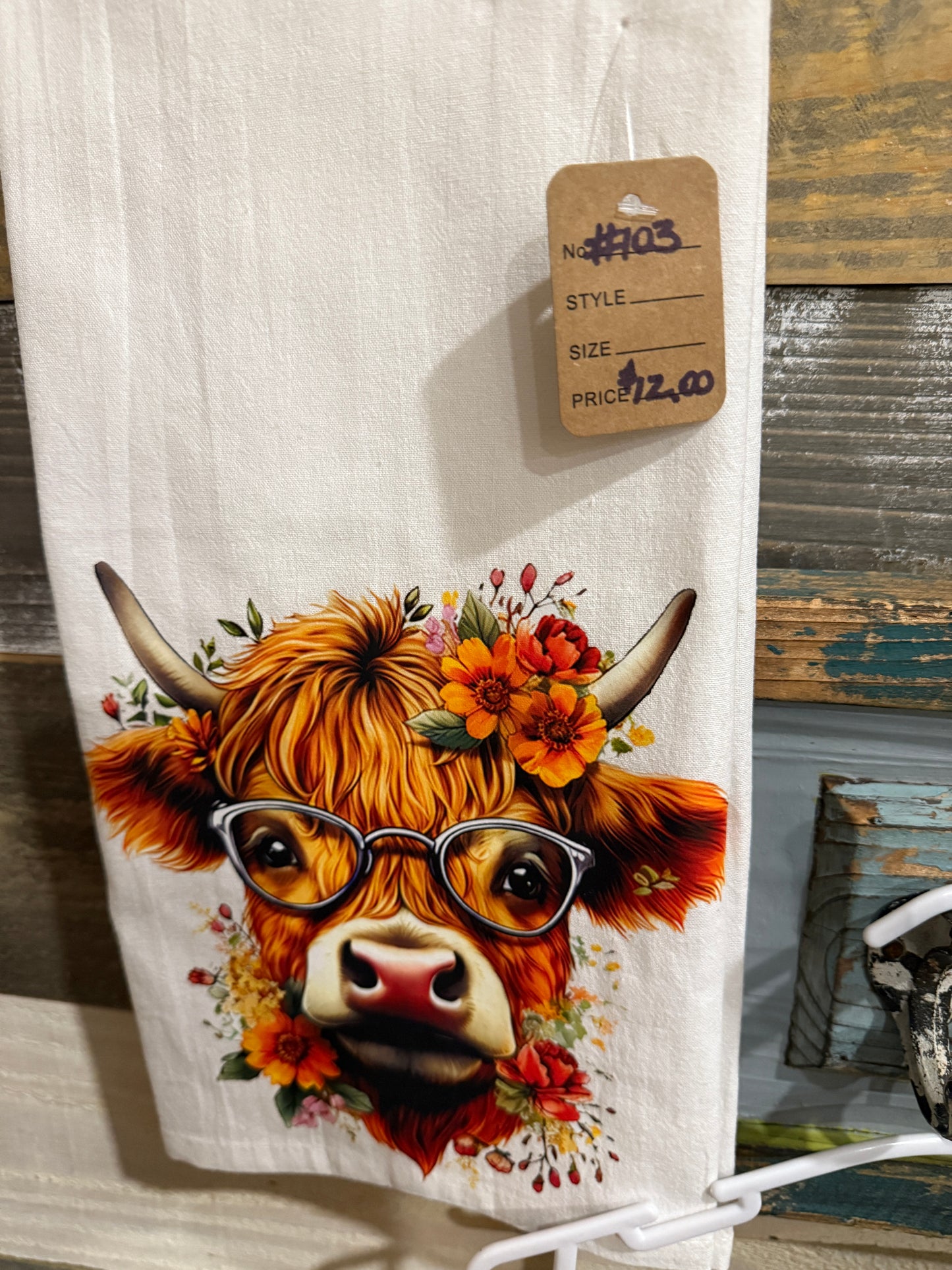 Highland Cow with Glasses Tea Towel