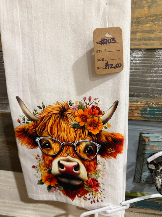Highland Cow with Glasses Tea Towel