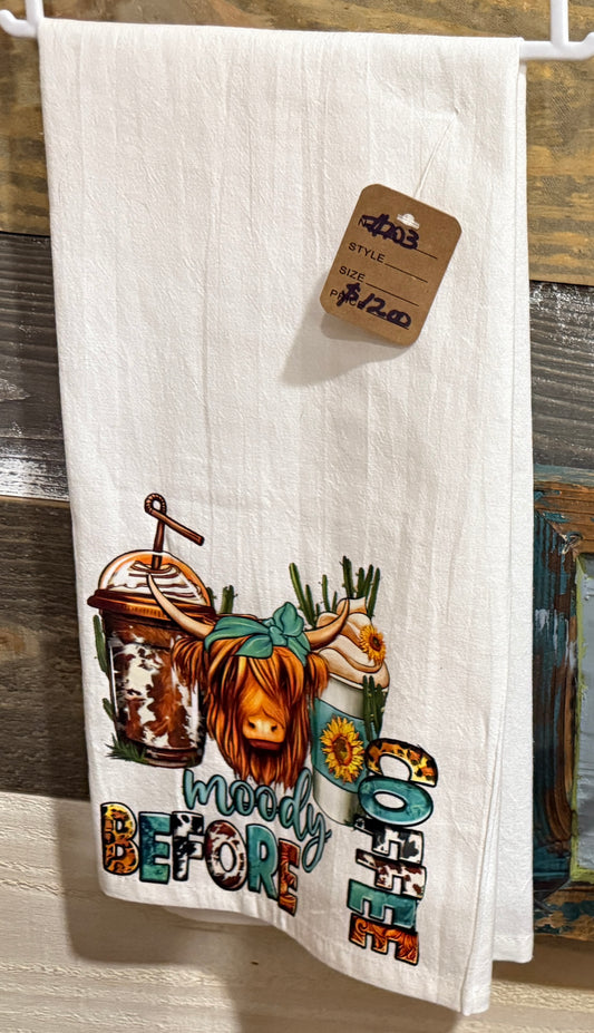 Moody Before Coffee Highland Cow Tea Towel